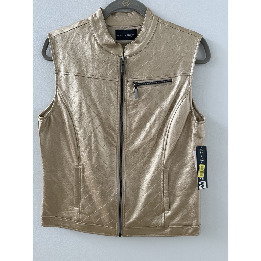 Activology Gold Toned Faux Leather Women's Quilted Vest Size Medium